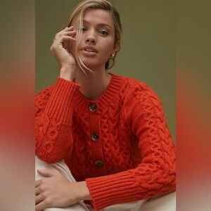 Anthropologie Maeve Cable Knit Button Cardigan Red Orange Cropped.     4